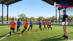Youth soccer players training at a community sports facility in North Texas 